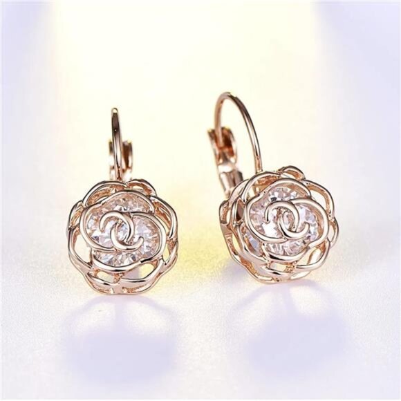 Rose Gold Plated Hollow Rose Flower Leverback Earrings with Swarovski Crystals - Picture 5 of 8